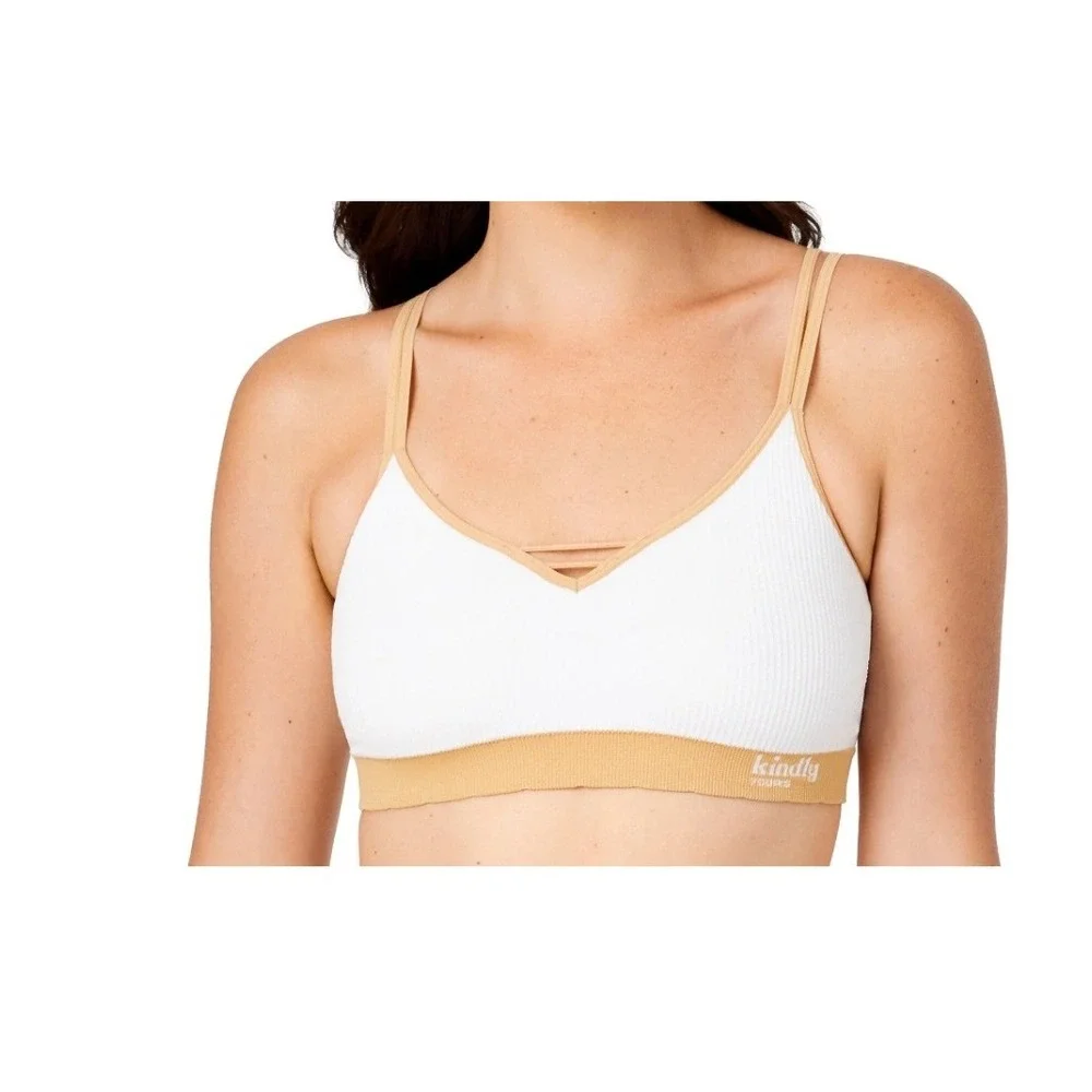 Kindly Yours‎ Bralette Women Large White Tan Seamless Ribbed V-Neck NEW